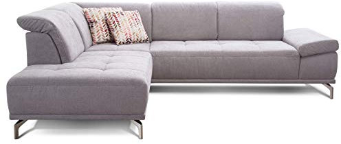 Cavadore Ecksofa Carly mit Federkern, Sitztiefe und Kopfstütze verstellbar im Design, 273 x 81 x 234, Webstoff hellgrau