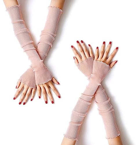 MUYDZ 2 Paar Damen Lange Ärmel mit Spitze Mesh Tüll, kühlend und wärmend Doppelzweck Sonnenärmel für Frauen Mädchen, Pink, 20.5 inches