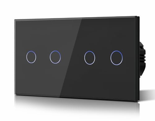 BSEED Interrupteur Tactile Double 2 Gang 2 Voie Commutateur d'éclairage Mural Compatible avec la lumière LED Écran Tactile en Verre Plaque de Cristal Trempé avec Rétroéclairage Bouton 157 * 86mm Noir
