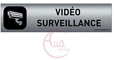 AUA SIGNALETIQUE - Plaque Aluminium brossé imprimé AluSign DARK - 200x50 mm - Double Face adhésif au dos (Vidéo surveillance)