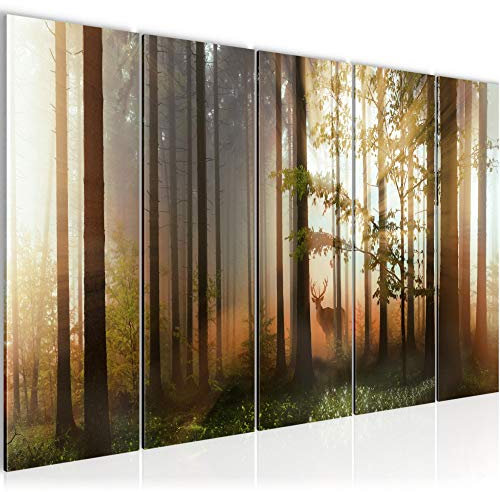 Runa Art Wandbild XXL Wald Hirsch Wohnzimmer Schlafzimmer 200 x 80 cm Grün Gelb 5 Teilig - Made in Germany - 012755a