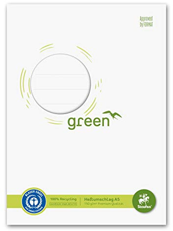 Staufen Ursus Heftumschlag mit Beschriftungsfeld, 10 Stück, DIN A5, 150g/m² Recyclingpapier, Schutz für Schulhefte, Farbe weiß, Green