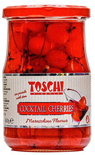 Food-United COCKTAIL KIRSCHEN ROT mit Stein & Stiel & Maraschino-Geschmack 2 Gläser Füllm. 630g ATG 310g von TOSCHI für Cocktail Kuchen Torte Muffin Cupcake lecker-süße Garnitur
