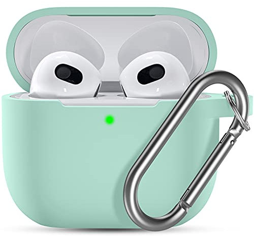 Ouwegaga Kompatibel mit AirPods 3 Generation Hülle 2021 - Silikon Schutzhülle für AirPods 3, Silikonhülle Haut Case Hülle für AirPods 3 Generation, Mit Karabiner - Türkis