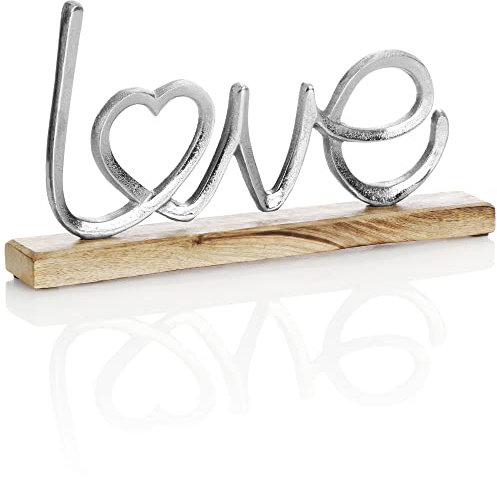 com-four® Deko Aufsteller love - Schriftzug aus Metall auf Mangoholz-Sockel - Deko-Schriftzug zum Hinstellen - 33x17,5x5cm (01 Stück - Love 32cm)