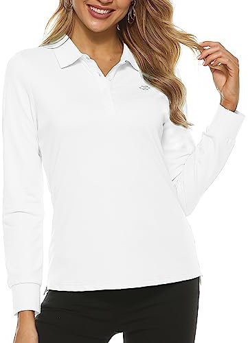 AIRIKE Women's Polo Top Golf Shirts Lady Long-Sleeve Plain Casual Classic Pique Polo Shirts White Size M