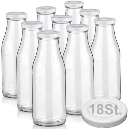 Geniess-Bar! 9 Milchflaschen 500ml mit 18 Deckel BPA frei Saftflaschen Glasflaschen 0,5L auch mit 2/4/6/12/20 Flaschen Weithalsflaschen leer zum Befüllen Schraubdeckel