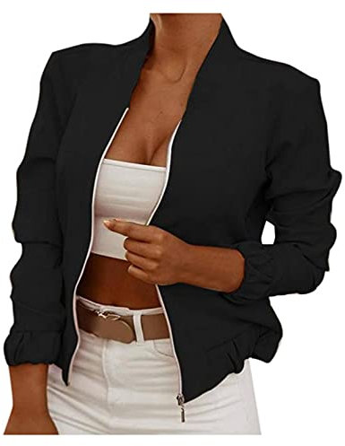 Generic Damen Casual Jacke Blumenmuster Langarm Bomberjacke Reißverschluss Stehkragen Outwear Kurz Coat Herbst Frühling Bikerjacke Mode Streetwear, Schwarz, S
