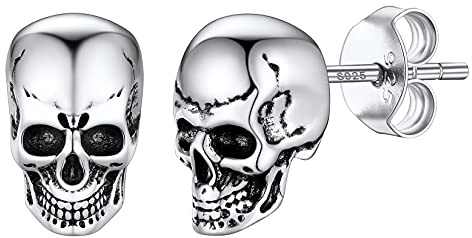 SILVERCUTE 925 Sterling Silver Stud/Hoop Earrings for Halloween, Cool Skull Earrings, Comfy Gothic Jewellery for Men Women