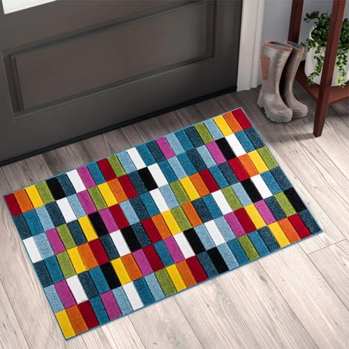 renoazul® Multicoloured Large Door Mat for Entrance, Hallway and Kitchen, 60 x 110 cm, Cube, Soft Thick Pile Fluffy Thick Plush Geometric Pattern Mat