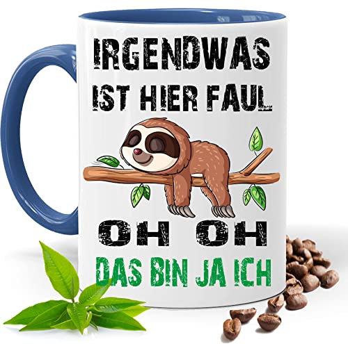 Blickfang Lustige Tasse mit Spruch |IRGENDWAS IST DA FAUL OH DAS BIN JA ICH | Faultier Kakao- Kaffee- Tee- Fototasse| Geschenke für männer frauen Keramik |Spülmaschinenfest (Blau)