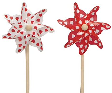 Posiwio kleines dekoratives Windrad Windmühle auf Stab PVC rot weiß mit Herzchen Preis für 4 oder 8 Stück (4), ca. 14 cm, Stab ca. 25 cm lang