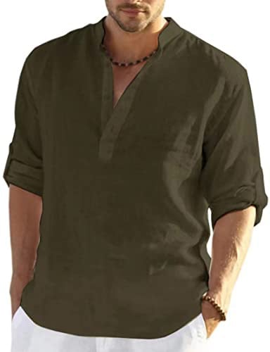 PADOLA Chemise Homme en Lin - Col Mao, Manches Longues, Uni Henley, Shirts de Plage Classique et Casual pour Été, Grande Taille, Décontractée