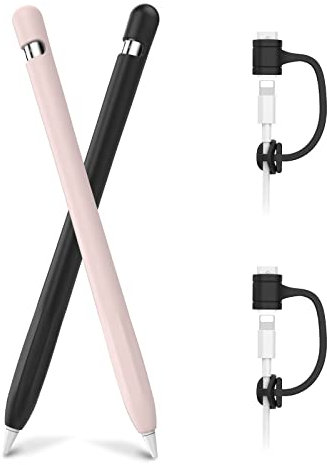 AHASTYLE Silicone Case for Apple Pencil 1st Generation [Added Cable Adapter Tether] Anti-slip Apple Pencil Cover Protective Case Compatible with Apple Pencil 1st Gen (2 Pack, Black & Pink)