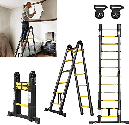 ACXIN 3,8M Klappleiter Teleskopleiter Ausziehleiter Multifunktionsleiter Mehrzweckleiter 12 Stufe Stehleiter Ausziehbare Aluminium Leiter Belastbarkeit 150KG (Schwarz-Gelb, 1,9+1,9M)