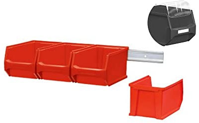 Wandleiste mit 4x Rote Sichtlagerbox 3.0 mit Abdeckung | HxBxT 12,6x60,5x23,6cm | Wandhalterung, Kleinteileaufbewahrung, Sortimentsboxhalterung