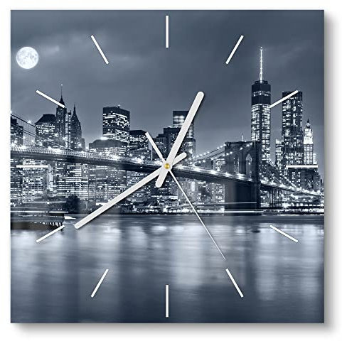 DEQORI Glasuhr | 30x30 cm | Motiv Vollmond über New York | ausgefallene leise Design Uhr aus Glas | Wanduhr für Wohnzimmer & Küche | moderne Hingucker Uhr für die Wand