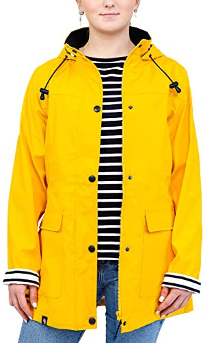 Breizh Ocean - Ciré imperméable femme Guidel, vêtement de pluie à capuche, coutures thermosoudées, étanches. Doublure à rayures de style marinière.