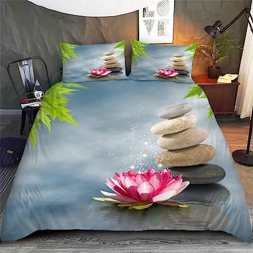 3D Housse de Couette Zen 240x260 Adulte 2Personnes Fermeture Éclair Microfibre Ultra Doux Respirante Nénuphars Galets Bambou Parure de Lit ado Fille Garcon 2 Taies d'oreiller 50x75