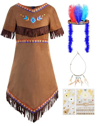 ReliBeauty Enfants Déguisement Costume Indien d'Amérique pour Fille,Marron avec Accessoires,100