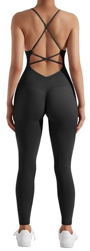 RXRXCOCO Spaghetti Strap Gerippte Jumpsuit Damen Eng Rückenfreie Padded Overall Bauchweg Yoga Sport Einteiler Romper Bodysuit #2 Schwarz S