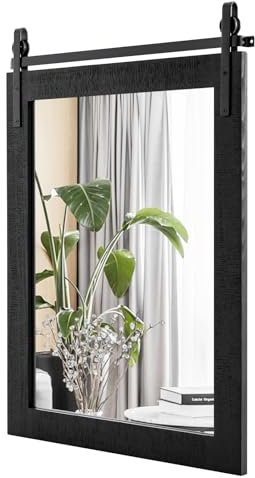 COSTWAY Decorative Rustic Wall Mirror, Rectangle Barn Door Hanging Vanity Mirror, Farmhouse Solid Wood Frame Wall Mounted Mirror for Bathroom, Living Room, Bedroom and Hallway (Black, 76x55cm)