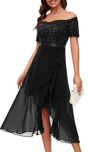 Berylove Sommerkleid Damen Off Shoulder Abendkleider Elegant Für Hochzeit Kleid Sommer Lang Brautkleid Abschlussballkleid Kleid Für Hochzeitsgäste Frühjahrskleider Glitzer Kleider BLP7085 Black L