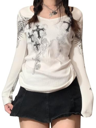 Geagodelia Womens Y2K Long Sleeve Tops Gothic Graphic Tight Fitted Fairy Grunge Clothes Vintage Tees Shirts for Teens Girls (122601# White, XL)