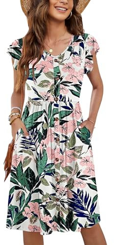 MOLERANI Vêtements D'été Volants Manches V Cou Décontracté Swing Taille élastique avec Poche Robe De Midi pour Les Femmes Fleurs Roses Blanches XL