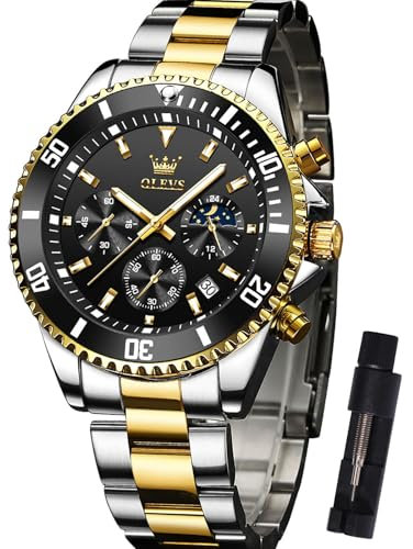 OLEVS Bicolor Armbanduhr Herren Metallarmband Mode Analog Uhren fur Männer Groß Schwarz Zifferblatt Elegante Edelstahl Herren Uhren Chronograph Leuchtend Wasserdicht Herrenuhren mit Datum Mondphase