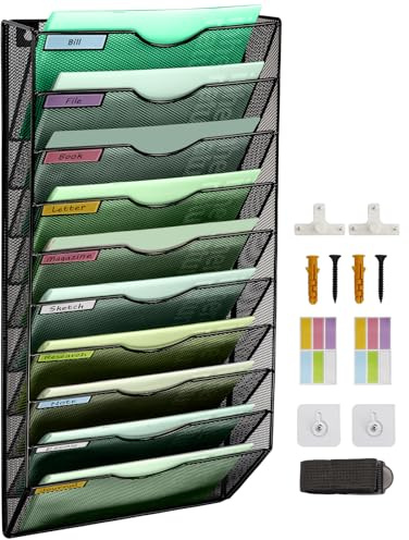 IOUGDSEC 10 Tier Mesh Hanging File Organizer Vertical Wall File Organizer Wall File Holder for Office School Home, Nametag Label Hooks Set Included