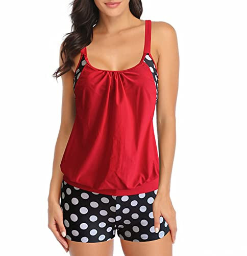 Damen Plus Size Dot Print Tankini Set mit Trägern Zweiteiliger Badeanzug Beachwear Print Push Zweiteilige Beachwear Soild Women Up Badeanzug Swimwears Tankinis Set Steinhart Uhren (Red, S)