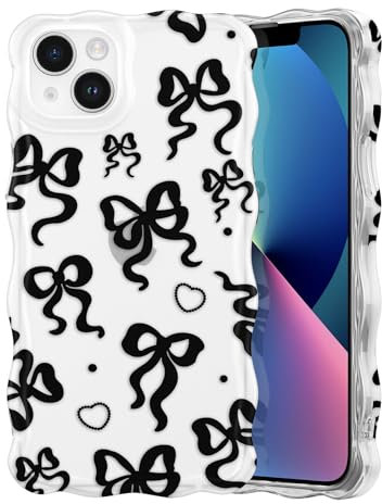 ZCDAYE for iPhone 13 Case, Curly Wavy Edge Phone Cover Case for Women Girls,Transparent Matte Pattern Anti Yellowing Soft Bumper Cover for iPhone 13 (6.1 inch),Black BowTie