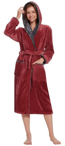 Ymmchy Bademantel mit Kapuze Damen Flauschig Morgenmantel Warm Lang Bademäntel Fleece Saunamantel Weinrot M