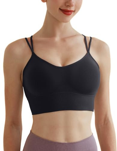 Memoryee Sport BH Damen Große Brüste Push Up Ohne Bügel Kreuz Rücken Rückenfrei Gepolstert Mittlere Unterstützung Crop Top für Yoga Tanz Laufen Radfahren Schwarz M