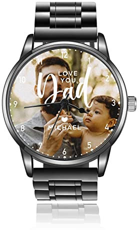 lorajewel Herrenuhren Personalisiert Name Datum Foto,Quarz Sport-Chronograph Mode Geschäft Wasserdicht Armbanduhren Betrachten Rostfreier Stahl Schwarz Für den Vatertag (Uhren#4)