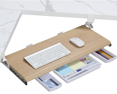 ETHU Under Desk Keyboard Tray, Ergonomic Corner Keyboard Tray with 180° Adjustable C-Clamp for L-Shape Desk 68X31cm, Easy to Install, Computer Keyboard Stand for Home and Office(Oak)