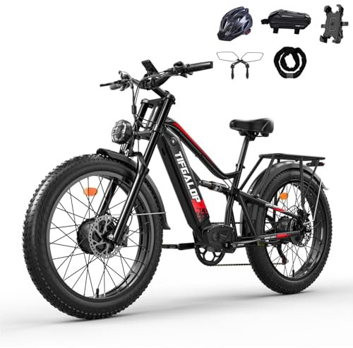tifgalop-Elektrofahrrad für Erwachsene, 26-Zoll-Offroad-Elektrofahrrad, Doppelmotoren, Doppelstoßdämpfer, 7 Geschwindigkeiten, 52-V-21-Ah-Lithiumbatterie, Reichweite bis zu 40–80 Kilometer