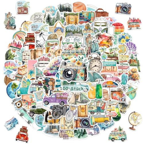 100 Stück Reisen im Freien Sticker Set, Wasserfeste Langlebige Klein aufkleber für Camping, Koffer, Scrapbook, Skateboard, Laptops, Fotoalben, Auto für Jugendliche Erwachsene