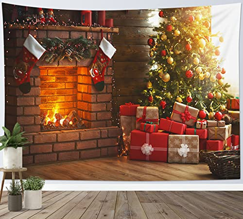 Tapestry Non Sbiadisce Attaccatura A Muro Popolare Arazzi Da Parete Per Cucina Festa Buon Natale - Albero Di Natale Con Palla Dorata Vicino Al Camino - Decorazione Natalizia 100x150cm