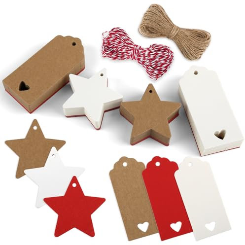 Geschenkanhänger Weihnachten, 200 Stück Geschenkanhänger Stern, Weihnachtsanhänger Papier mit 20M Jute Schnur, Etiketten Zum Beschriften, Kraftpapier Anhänger für Geschenke (Rot, Weiß, Braun)