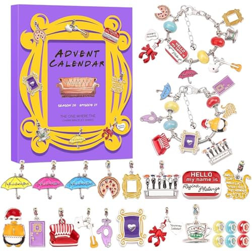 Friends Schmuck-Adventskalender 2024 – Adventskalender Mit Charm-Armband 2024, Set Zum Selbermachen Von Charm-Armbändern Mit 2 Armbändern Und 22 Accessoires Für Fans Die Spaß Beim Selbermachen Haben