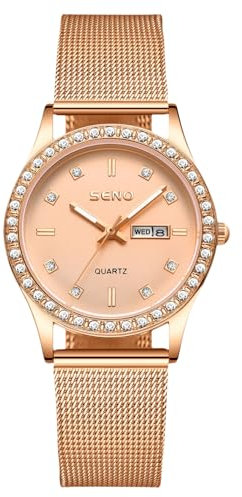 RORIOS Wristwatch for Women Casual Quartz Watch Ladies Diamond Watches Luminous Analogue Wrist Watch Rose Gold Mesh Strap Watch Gold