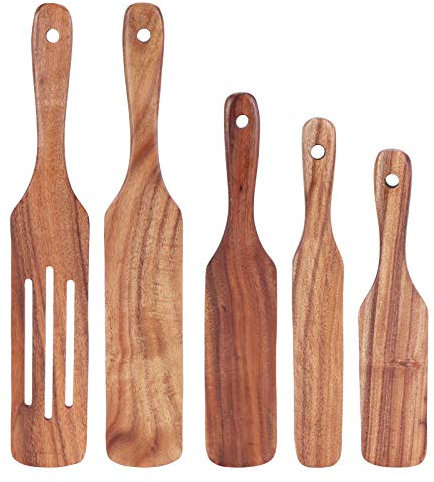 Yomiyuyr Teakholz-Spatel-Set, 5-teiliges Grillspatel aus Holz und Zubehör für die Grillplatte, Burgerwender, Schaber zum Grillen und Kochen