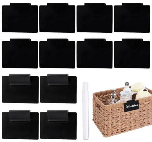 ktxaby 12Pcs Basket Label,Removable Black PVC Clip On Labels,Shelf Labels Clips with White Marker,Pantry Labels Bin Clips Labels for Storage Bins Label Holders