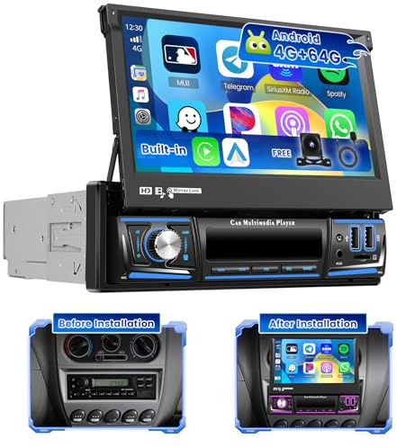 Hikity 4G+64G 1 DIN Android 15 Autoradio avec écran Rétractable de 7 Pouces, écran Tactile IPS avec CarPlay sans Fil Android Auto GPS WiFi AI DSP FM/RDS Radio USB BT Caméra de Recul + MIC