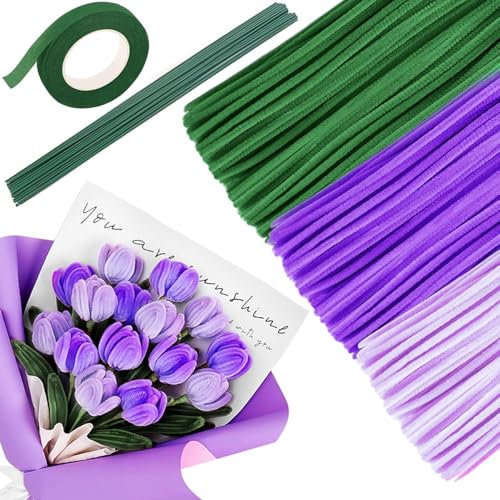 UNIANE 300 Stück Pfeifenreiniger Blumen Set, 20 Stück Grün Basteldraht, Klebeband, Pfeifenreiniger zum Basteln, Violett Tulpe Blumenstrauß Pfeifenputzer, Biegeplüsch 30cm Pfeifendraht zum Basteln