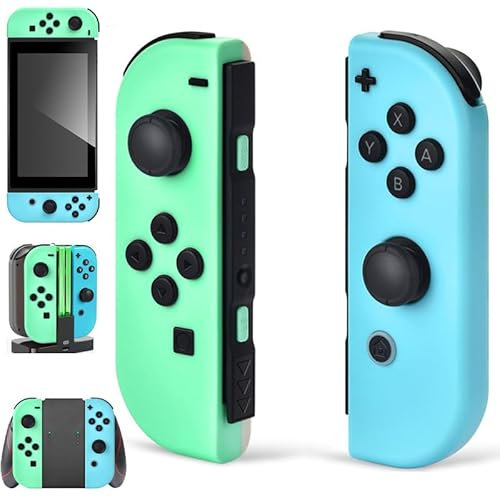 Manette de rechange pour Switch fonctionne avec Switch/Lite/OLED, manette de jeu sans fil, double vibration, gyroscope 6 axes, réveil, commandes de mouvement, capture d'écran, L/R (vert et bleu)