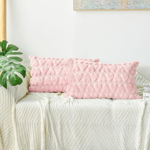 Artoid Mode Rosa Weich Künstliche Pelz Jacquard Herz Kissenbezüge 2er Set, 30x50 cm Plüsch Samt Sofakissen Zierkissenbezug Schlafzimmer Deko