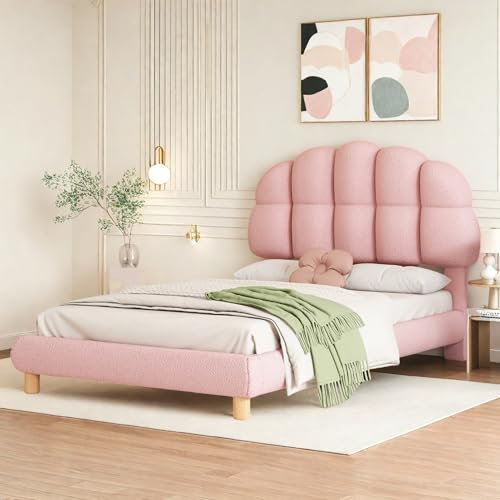 FEEOHOME lit Enfant Fille 90 x 200 cm, lit Simple rembourré avec sommier à Lattes, Lit de Princesse avec tête de lit à pétales, Tissu de Velours, sans Matelas (Rose)